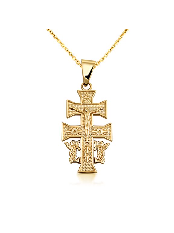 10k Yellow Gold Caravaca Double Cross Pendant Necklace, 16" Chain