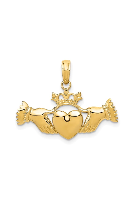10k Yellow Gold Claddagh Pendant Charm, Polished Irish Celtic Crowned Heart Hands