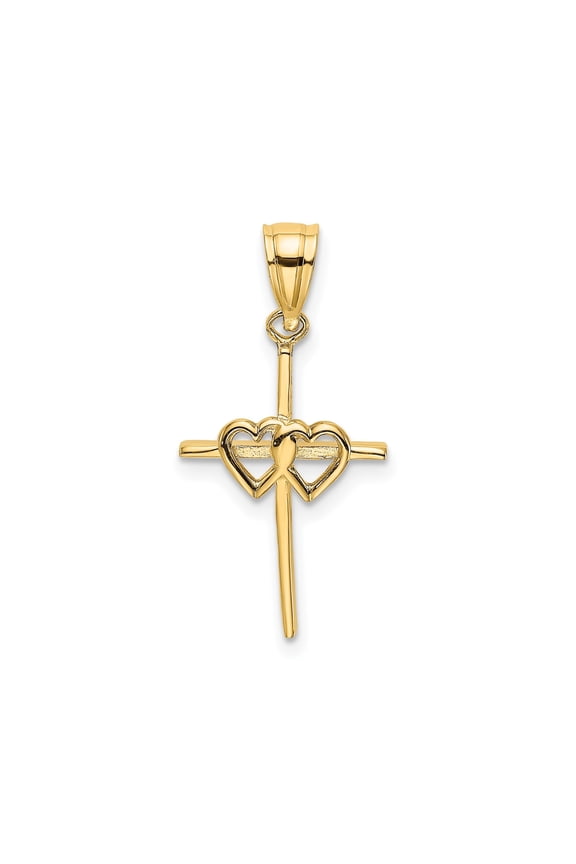 10K Yellow Gold Double Hearts on Stick Cross Pendant, Polished, 19.32 x 12.06 mm