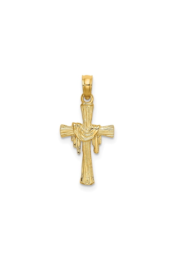 10k Yellow Gold Cross Pendant Necklace for Men and Women with Drape Detail Wood-Style Texture Hand-Carved Look Polished Finish Religious Faith Symbol Jewelry Spiritual Accessory