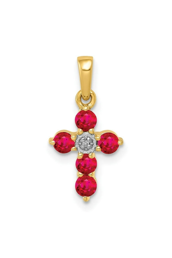 10K Yellow Gold Ruby and Diamond Cross Birthstone Pendant, Polished