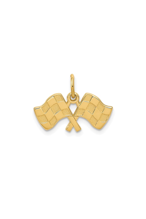 10k Yellow Gold Crossed Racing Flags Pendant for Men and Unisex, Checkered Motorsports Jewelry Symbolizing Speed, Victory, Auto Enthusiast Style, NASCAR and Formula 1 Inspired Design