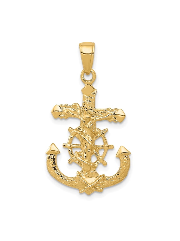 10k Yellow Gold Crucifix Anchor Cross Pendant, Nautical Rope Wheel, Unisex, Jewelry Stores Network