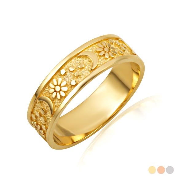 10k Yellow Gold Daisy Flower Moon Textured Band Ring (Size 4)