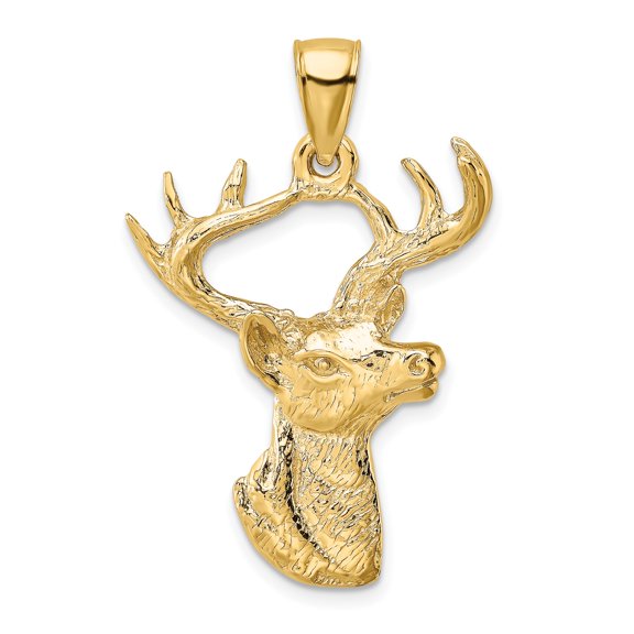 10k Yellow Gold Deer Head Pendant with Antlers, Textured Animal Necklace for Men, Symbolic Wildlife Jewelry, Rustic Hunting Style, Nature Inspired Outdoorsman Accessory