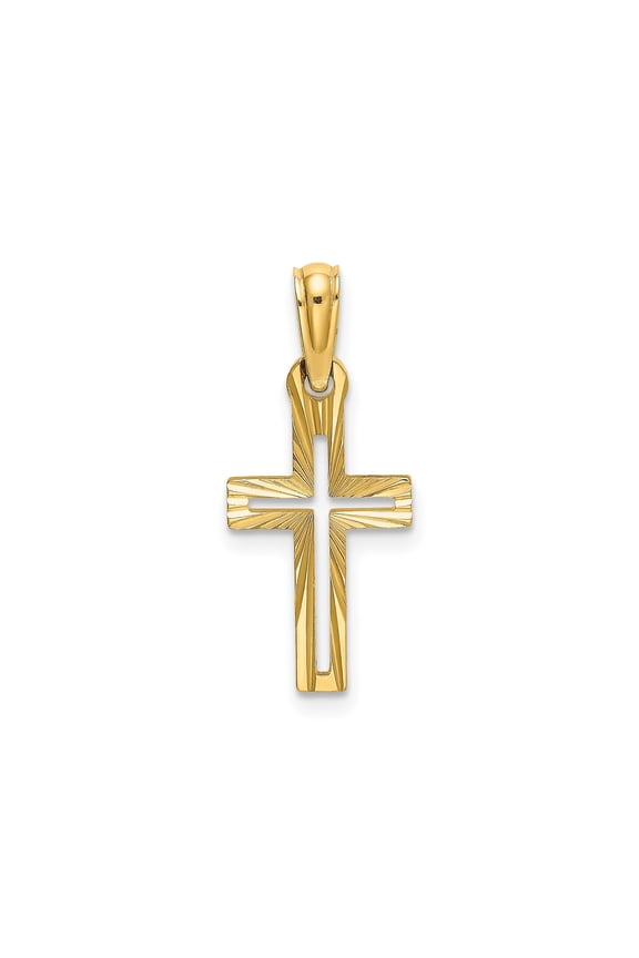 10k Yellow Gold Diamond Cut Textured Cross Pendant Necklace for Men and Women Unisex Faith Jewelry with Open Design Modern Spiritual Statement Accessory Sleek Religious Symbol