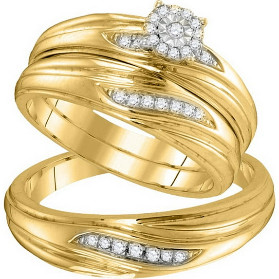 10k Yellow Gold Diamond His & Hers Matching Trio Wedding Engagement Bridal Ring Set 1/5 Ctw