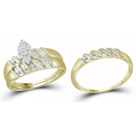 10k Yellow Gold Diamond Marquise-shape Cluster Bridal Wedding Trio Mens Womens Ring Band Set