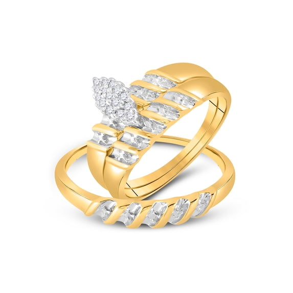 10k Yellow Gold Diamond Marquise-shape Cluster Bridal Wedding Trio Mens Womens Ring Band Set