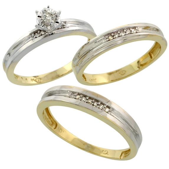 10k Yellow Gold Diamond Trio Wedding Ring Set His 4mm & Hers 3.5mm Ladies Size 7