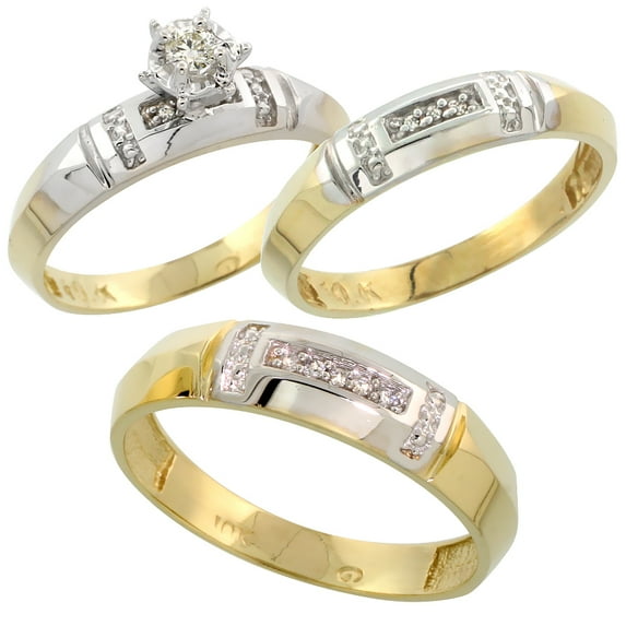 10k Yellow Gold Diamond Trio Wedding Ring Set His 5.5mm & Hers 4mm Ladies Size 9