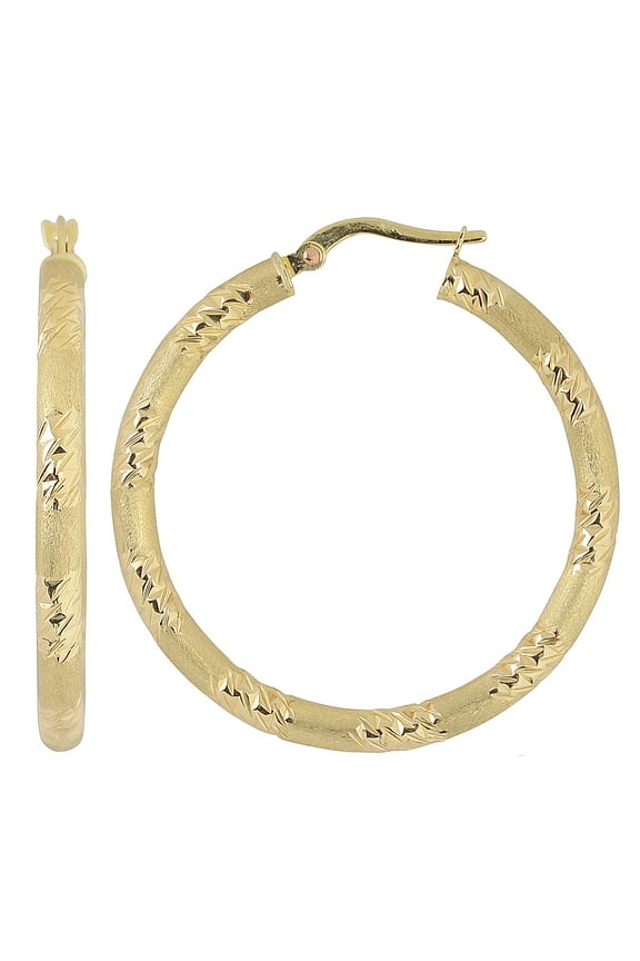 10k Yellow Gold Diamond-cut and Matte Finished Hoop Earrings (3 mm x 30mm)