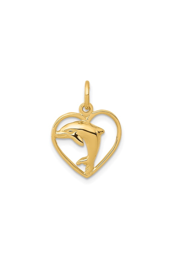 10k Yellow Gold Dolphin Heart Pendant Necklace for Women with Open Heart Design, Ocean-Inspired Nautical Jewelry, Marine Animal Symbol of Love and Harmony