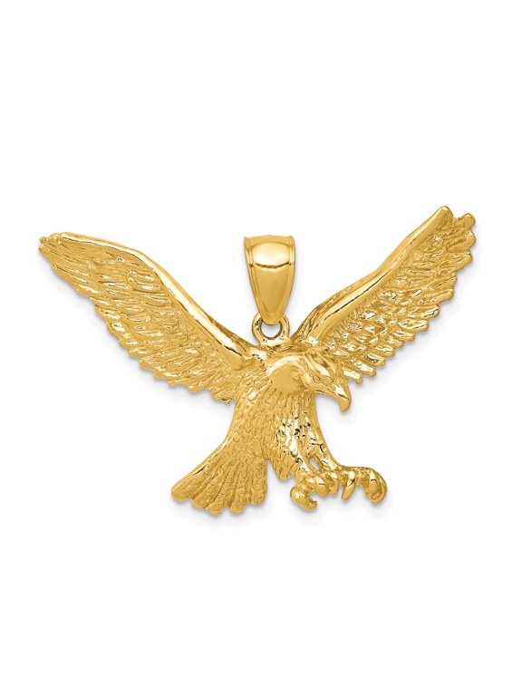 10k Yellow Gold Eagle Pendant Charm, Polished Spread Wings and Talon Detail for Men