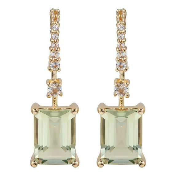 10k Yellow Gold Emerald-Cut Green Amethyst and White Topaz Dangle Earrings