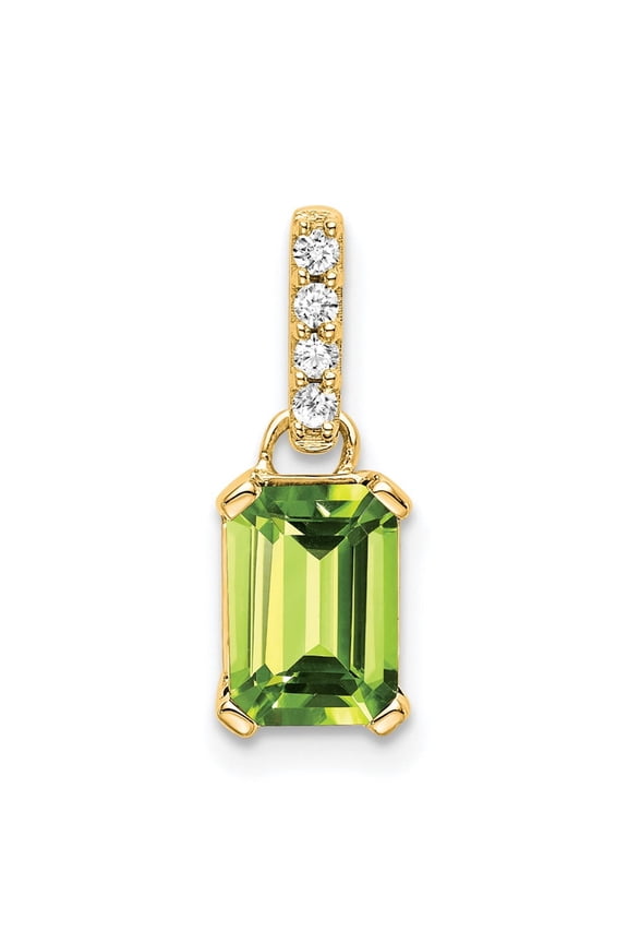 10k Yellow Gold Emerald Cut Peridot Pendant for Women with White Accented Bail, Green Gemstone Charm, August Birthstone Fine Jewelry for Anniversary or Birthday