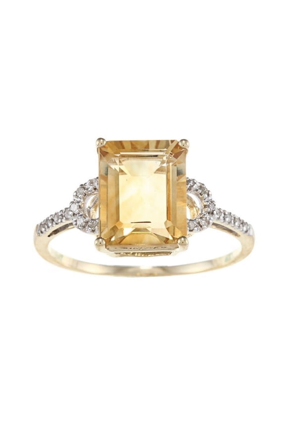 10k Yellow Gold Emerald-Shape Citrine and Diamond Ring