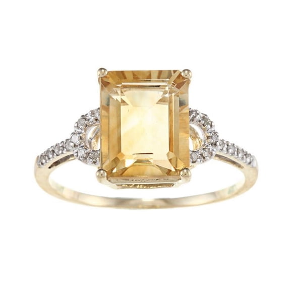 10k Yellow Gold Emerald-Shape Citrine and Diamond Ring