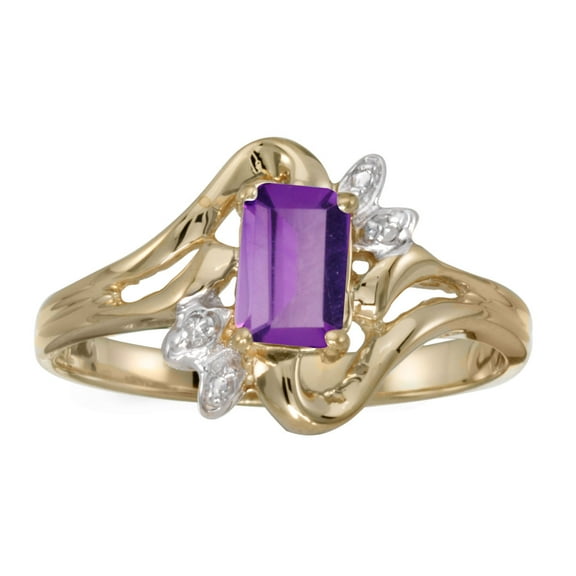 10k Yellow Gold Emerald-cut Amethyst And Diamond Ring