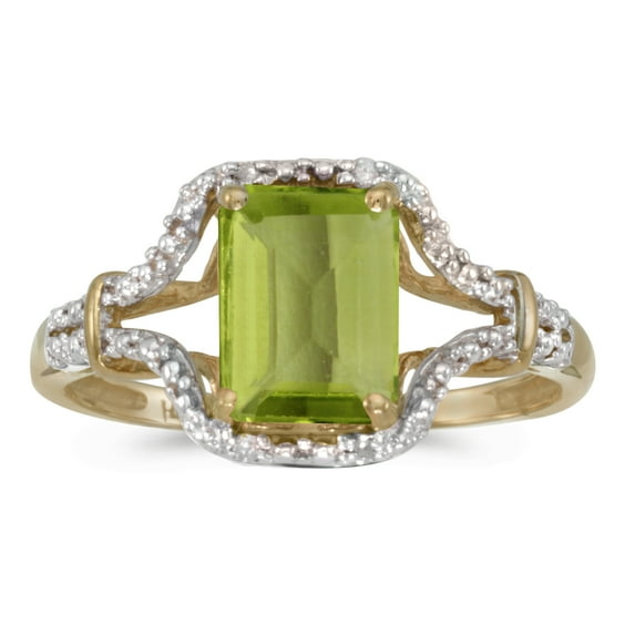 10k Yellow Gold Emerald-cut Peridot And Diamond Ring