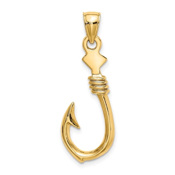10k Yellow Gold Fish Hook Pendant for Men or Unisex with Polished Finish, Nautical Ocean Symbol of Strength and Prosperity, Fishing and Beach Style Jewelry