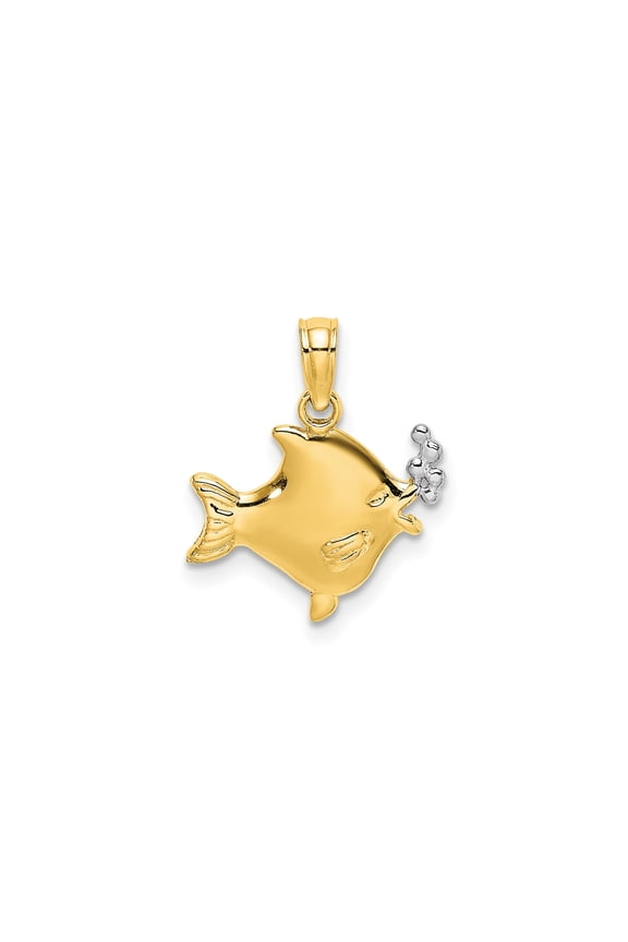 10k Yellow Gold Fish Pendant with Rhodium Bubble Accents, Nautical Marine Life Jewelry for Women or Unisex, Symbolic Ocean Motif for Creativity and Joy