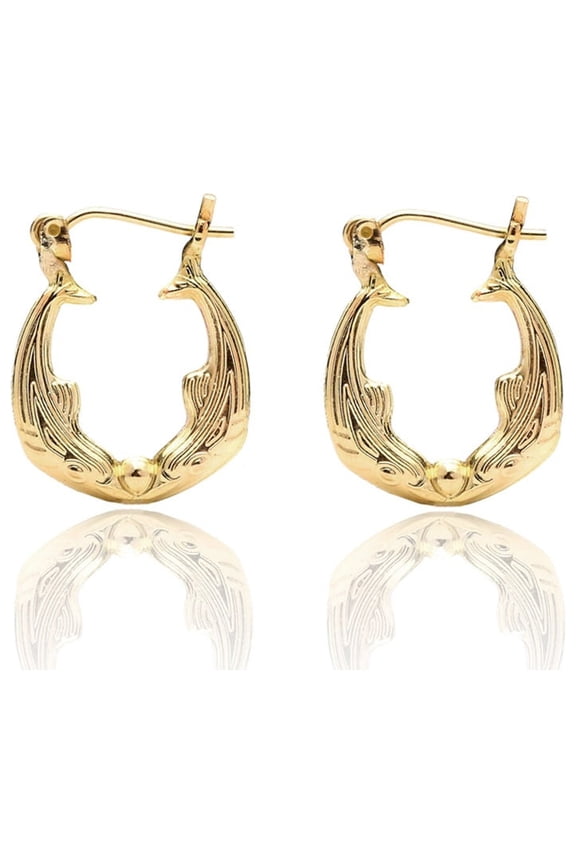 10k Yellow Gold Friendship Love Hoop Earrings with Kissing Dolphin Design