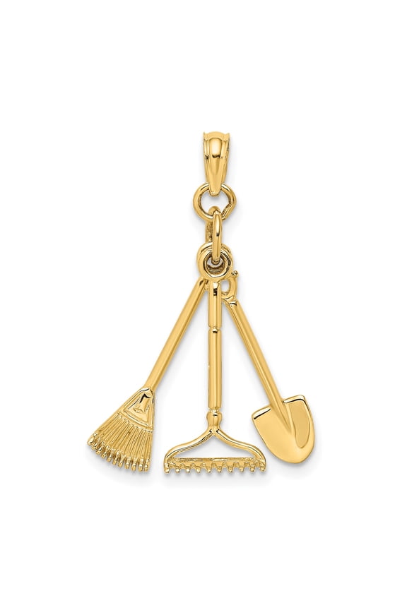 10k Yellow Gold Gardening Tools Pendant for Women or Unisex, Nature Inspired Rake Shovel Broom Charm Necklace Symbolizing Hard Work and Growth, Outdoor or Hobby Jewelry