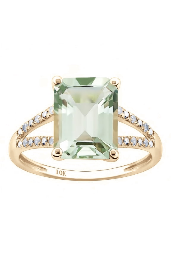 10k Yellow Gold Genuine Emerald-Shape Green Amethyst and Split-Shank Diamond Ring