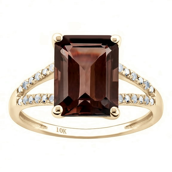 10k Yellow Gold Genuine Emerald-Shape Smoky Quartz and Split-Shank Diamond Ring
