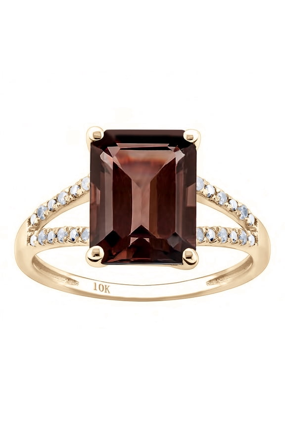 10k Yellow Gold Genuine Emerald-Shape Smoky Quartz and Split-Shank Diamond Ring