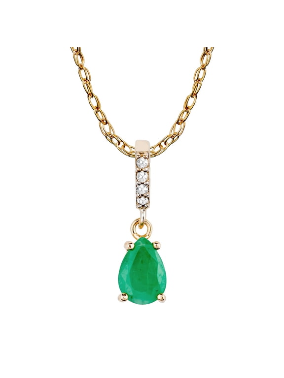10k Yellow Gold Genuine Pear-Shape Emerald and Diamond Drop Pendant Necklace