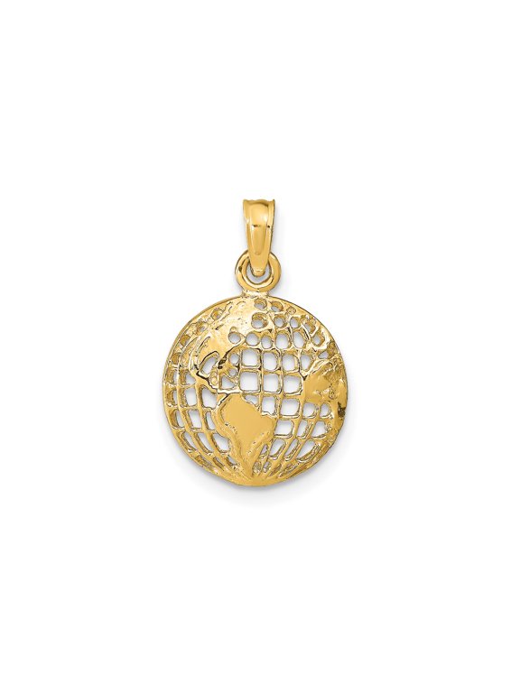 10k Yellow Gold Globe World Map Pendant Charm, Polished Round Travel Jewelry