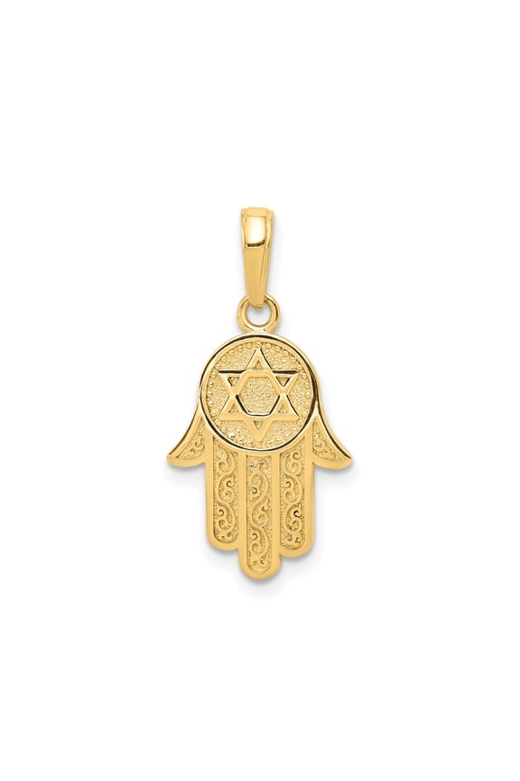 10k Yellow Gold Hamsa Hand Star of David Jewish Pendant Charm, Polished Filigree Judaica
