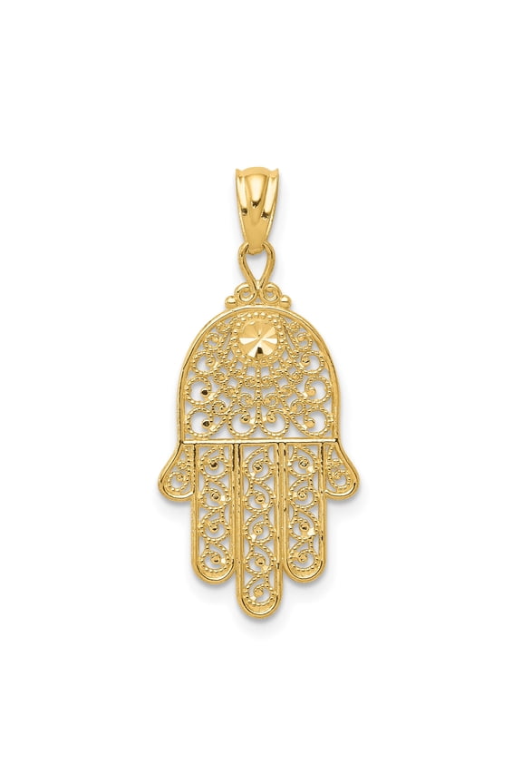 10k Yellow Gold Hamsa Hand Pendant with Starburst Filigree, Unisex, Jewelry Stores Network