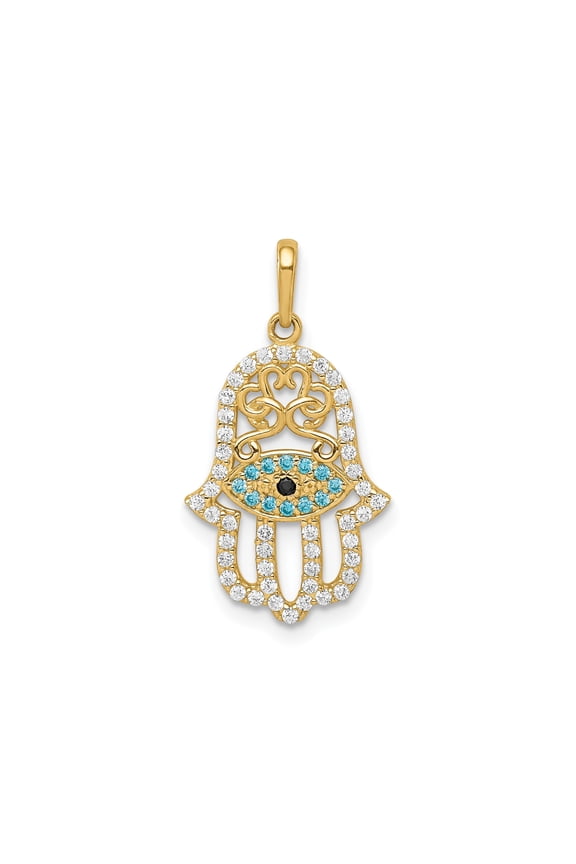 10k Yellow Gold Hamsa Hand Pendant Charm with Evil Eye Symbol and Cubic Zirconia