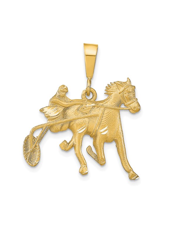 10k Yellow Gold Harness Racing Pendant with Horse and Sulky Driver, Equestrian Necklace Charm for Men or Unisex, Realistic Track and Sport Symbol