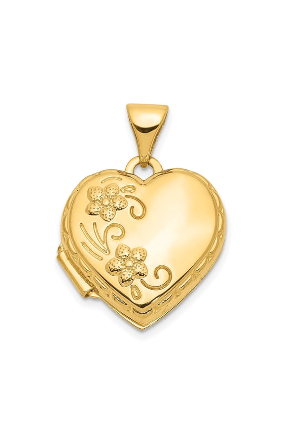 10k Yellow Gold Heart Locket Pendant for Women with Floral Design, Hinged Photo Holder, Sentimental Jewelry for Love, Memory, Everyday or Special Occasion Wear