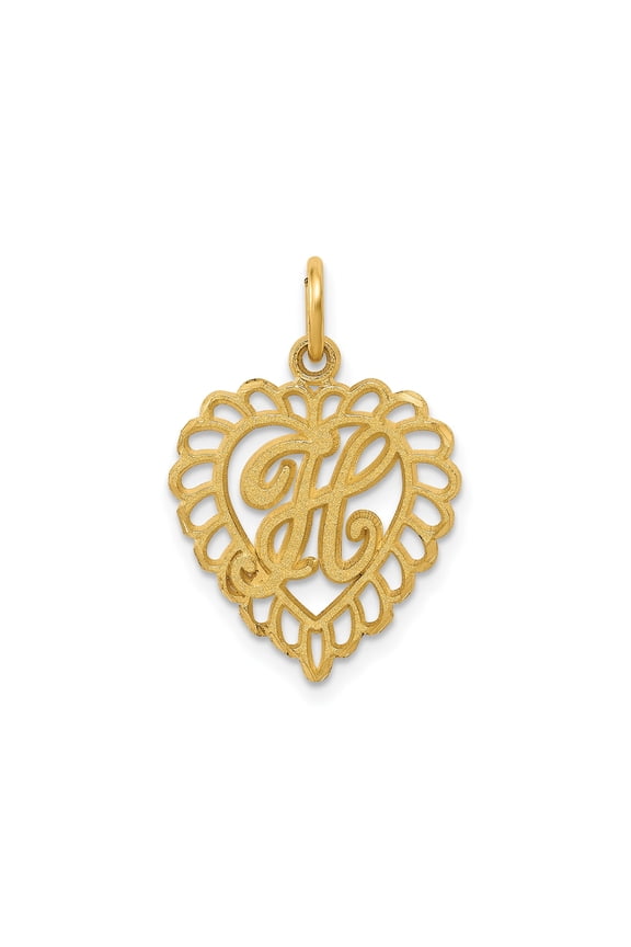 10k Yellow Gold Heart Pendant with Cursive H Monogram, Filigree Scalloped Charm for Women, Romantic Script Initial Necklace, Feminine Personalized Jewelry