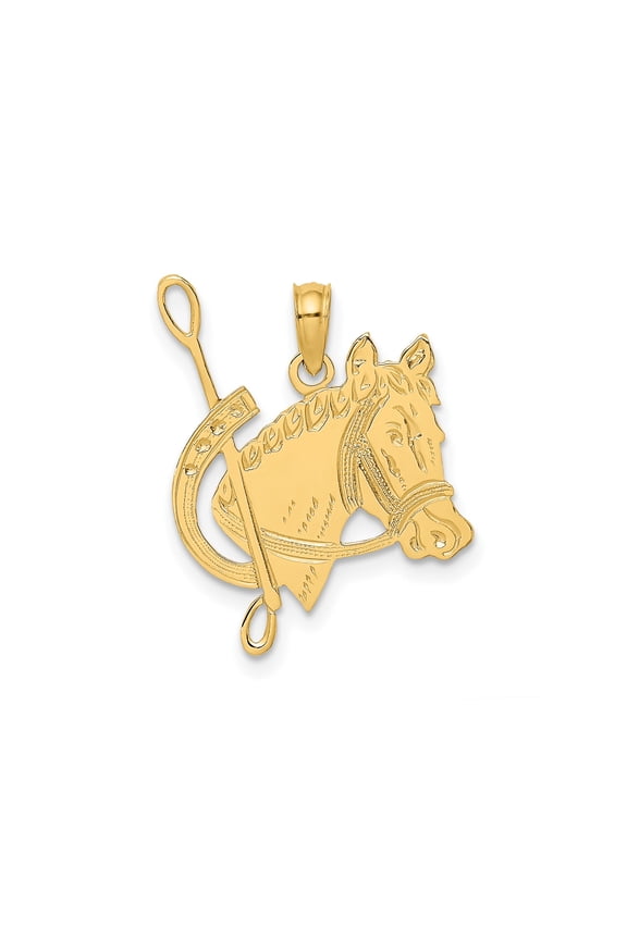 10k Yellow Gold Horse Head Pendant with Horseshoe and Riding Crop, Equestrian Charm for Women or Unisex, Western Style Symbol of Strength and Freedom