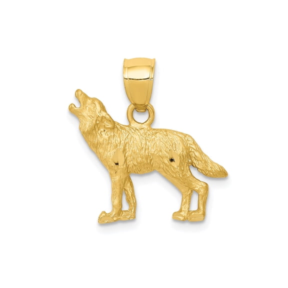 10k Yellow Gold Howling Wolf Pendant Charm, Polished Wilderness Animal Jewelry