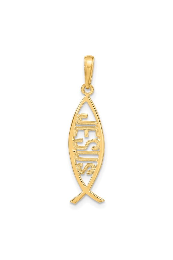 10k Yellow Gold Ichthys Fish Pendant with Jesus Name Center, Christian Religious Symbol for Men and Women, Faith Jewelry Necklace, Spiritual Devotional Accessory