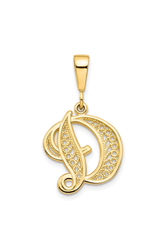 10k Yellow Gold Initial D Pendant for Women, Ornate Filigree Script Letter Charm, Personalized Monogram Necklace, Custom Alphabet Jewelry, Delicate Identity Symbol Accessory