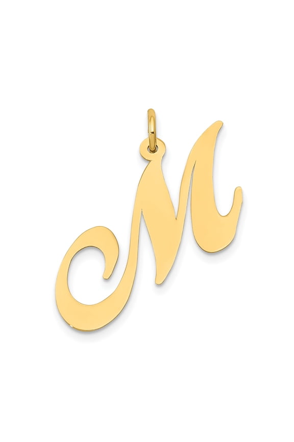 10k Yellow Gold Initial M Pendant for Women, Polished Script Letter Necklace Charm, Cursive Monogram Jewelry for Everyday Style and Layering