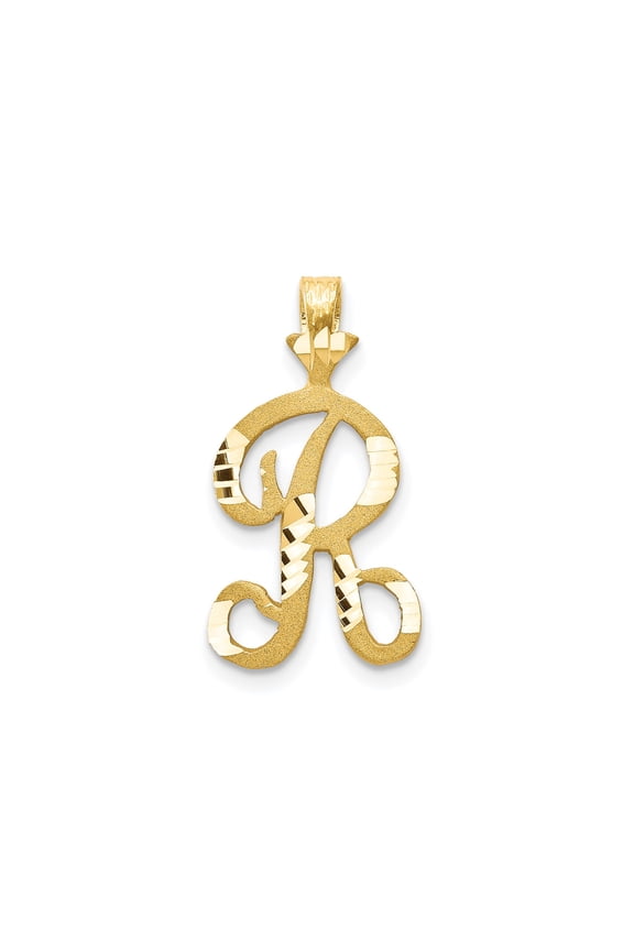 10k Yellow Gold Letter R Pendant Charm, Two-Tone Textured and Polished Initial, Unisex, Jewelry Stores Network
