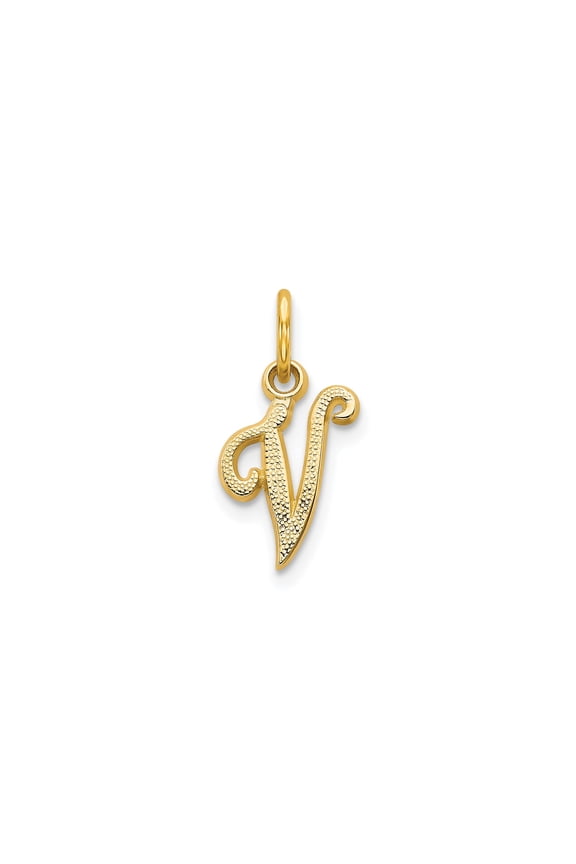 10k Yellow Gold Initial V Pendant Charm for Women or Unisex, Textured Script Alphabet Necklace Accent, Dainty Monogram Jewelry for Layering or Personal Identity