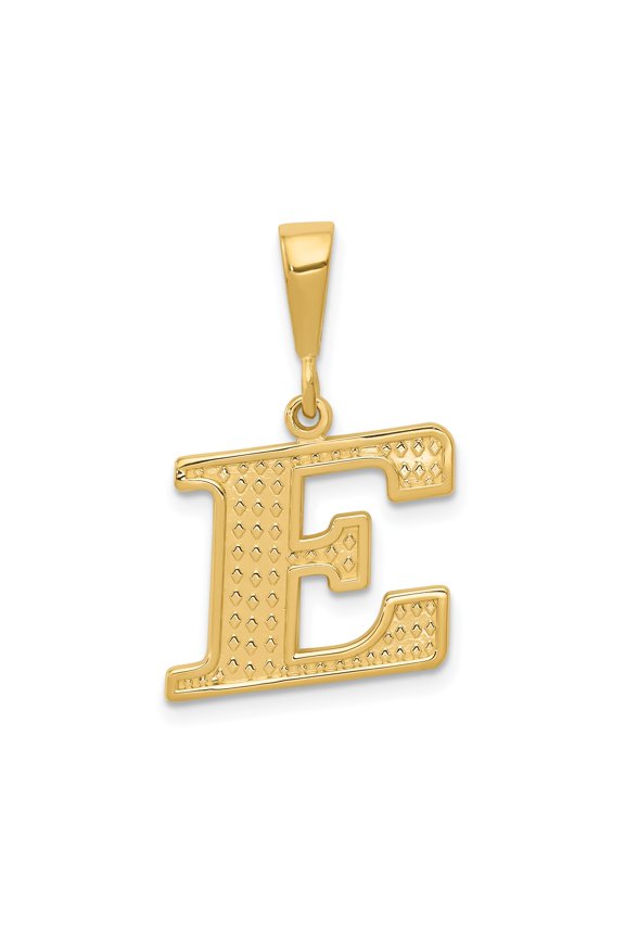 10k Yellow Gold Letter E Pendant for Women or Unisex, Diamond-Cut Textured Initial Charm, Alphabet Monogram Necklace Jewelry for Personalized Name or Identity Accessories