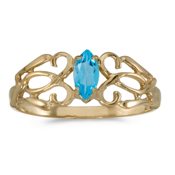 10k Yellow Gold Marquise Blue Topaz filigree Ring