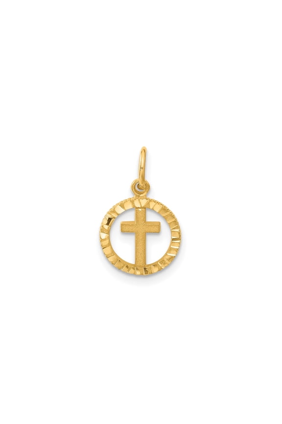 10k Yellow Gold Matte Cross Pendant Charm, Polished Textured Circle Frame Religious Jewelry