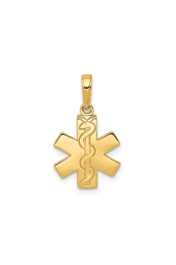 10k Yellow Gold Medical Alert Star of Life Pendant Charm, Rod of Asclepius